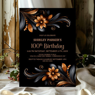 Black Orange Floral 100th Birthday Party Invitation