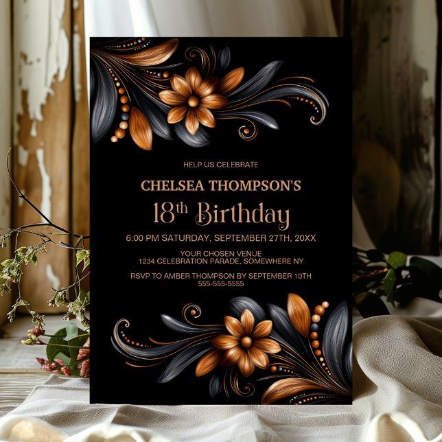 Black Orange Floral 18th Birthday Party Invitation (Creator Uploaded)