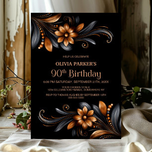 Black Orange Floral 90th Birthday Party Invitation