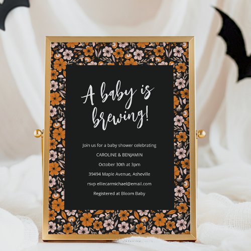 Black Orange Floral Brewing Halloween Baby Shower Invitation