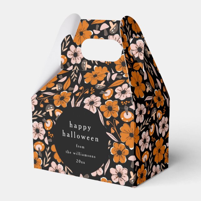 Black Orange Flowers Mushrooms Halloween Custom Favor Boxes (Front Side)