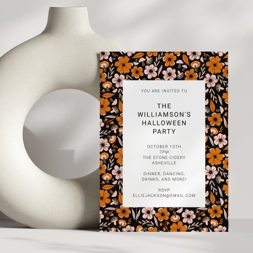 Black Orange Flowers Mushrooms Halloween Party Invitation