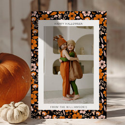 Black Orange Flowers Mushrooms Halloween Photo Holiday Card