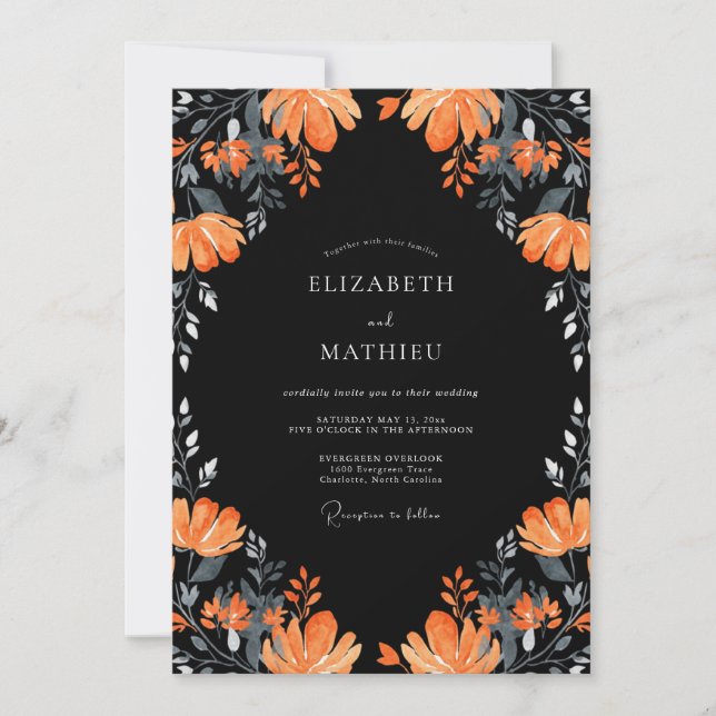 Black Orange Foliage Eucalyptus Wedding Invitation (Front)