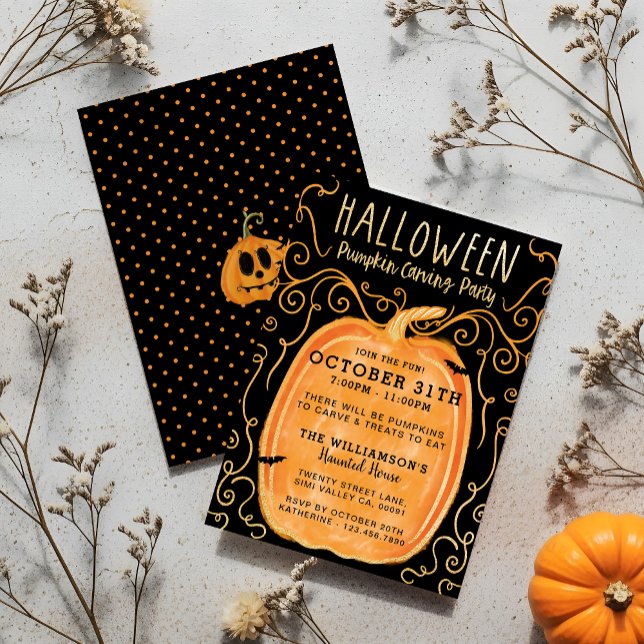 Black & Orange Fun Halloween Pumpkin Carving Party Invitation (Black & Orange Fun Halloween Pumpkin Carving Party Invitation)