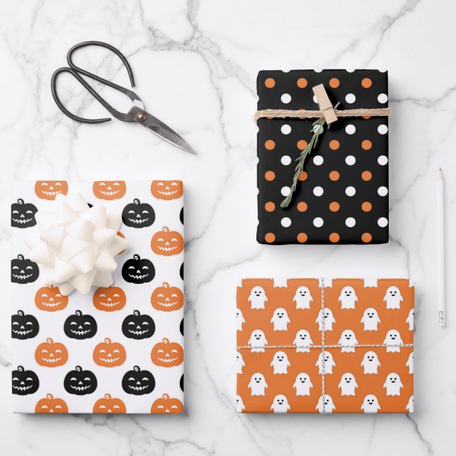 Black Orange Ghost Pumpkin Dots Halloween Wrapping Paper Sheets (Front)