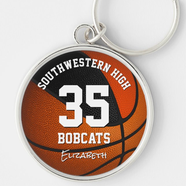 Black orange girl boy sports team name basketball keychain (Front)