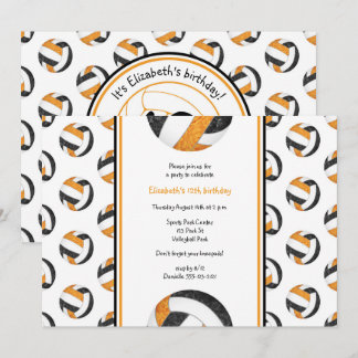 black orange girls' volleyball birthday party invitation