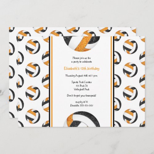 black orange girls volleyball birthday party invitation