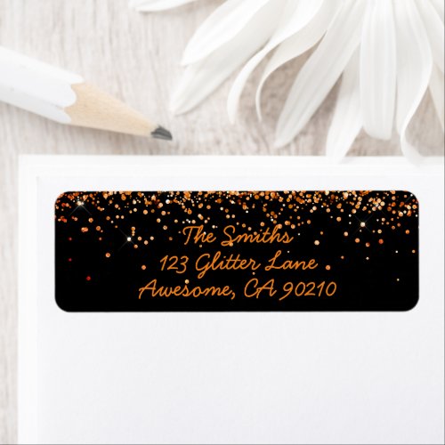 Black Orange Glitter Modern Wedding Return Address Label