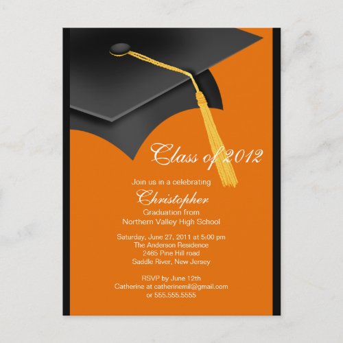 Black Orange Grad Cap Graduation Party Invitation