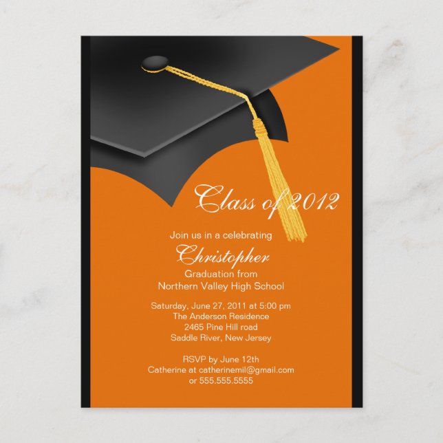 Black Orange Grad Cap Graduation Party Invitation (Front)
