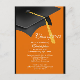 Black Orange Grad Cap Graduation Party Invitation Postcard