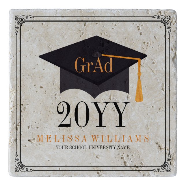 Black & Orange Grad Hat 2016 Graduation Trivet (Front)