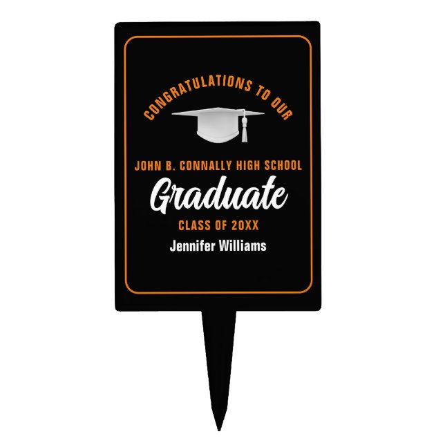 Black Orange Graduate Custom Graduation Party Cake Topper (Front)