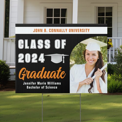 Black Orange Graduate Photo 2024 Graduation Yard Sign