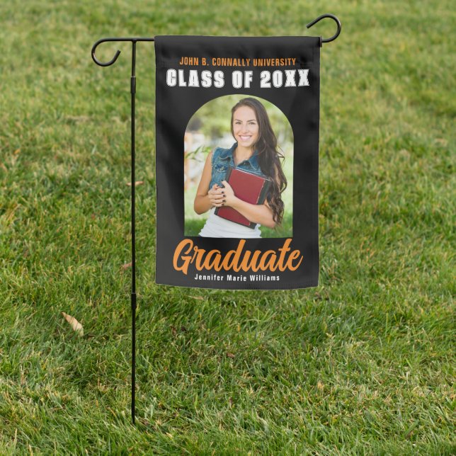 Black Orange Graduate Photo 2025 Graduation Party Garden Flag (In SItu)
