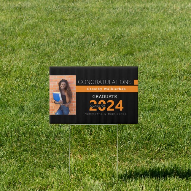 Black Orange Graduate Photo Graduation Yard Sign (Insitu)