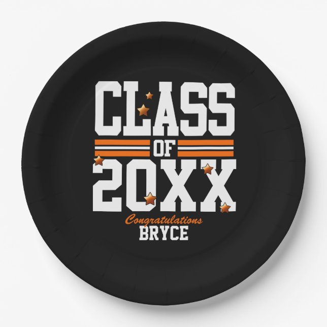 Black|Orange Graduating Class Year Paper Plates (Front)