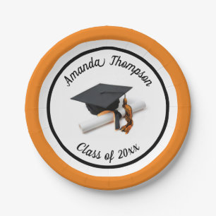 Black Orange Graduation Cap and Tassel Custom Paper Plates