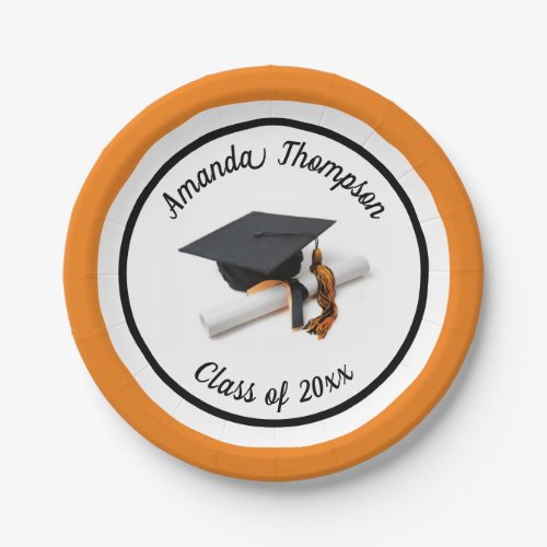 Black Orange Graduation Cap and Tassel  Custom Paper Plates