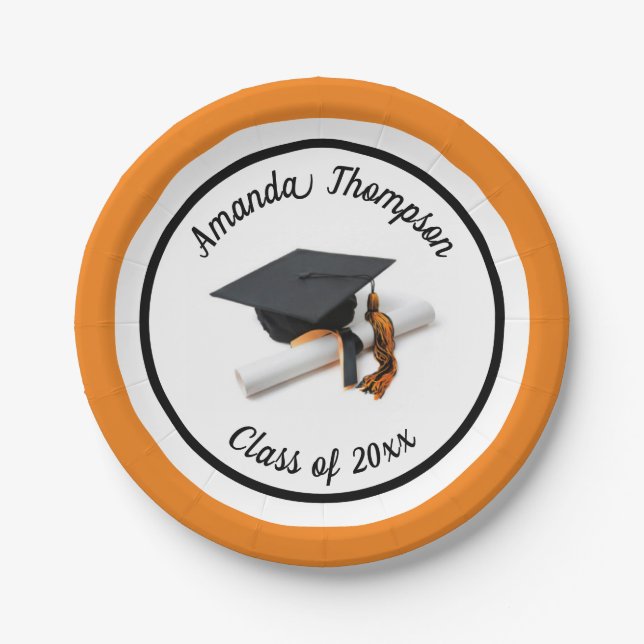 Black Orange Graduation Cap and Tassel | Custom Paper Plates (Front)