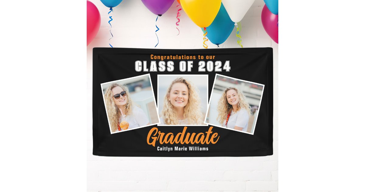 Black Orange Graduation Party 3 Photo Collage Banner | Zazzle