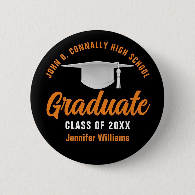 Black Orange Graduation Personalized 2025 Graduate Button (Front)