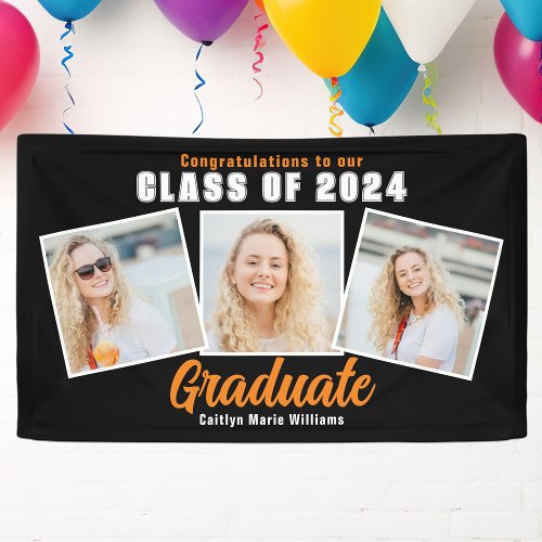 Black Orange Graduation Photo Collage 2024 Party Banner