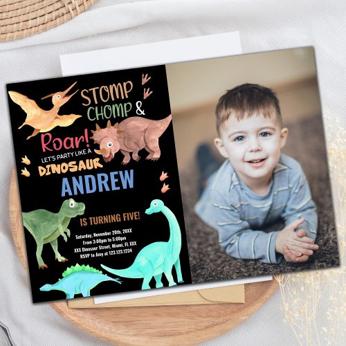 Black Orange Green Photo Dinosaur Birthday Invitation