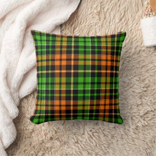 Black Orange Green Plaid Tartan Design  Throw Pillow