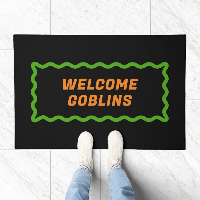 Black Orange Green Wavy Frame Welcome Goblins Doormat (Indoor)