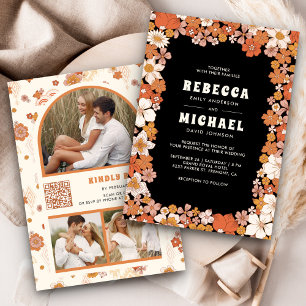 Black Orange Groovy Retro Wildflower Wedding Invitation