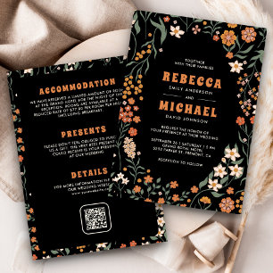 Black Orange Groovy Wildflower All in One Wedding Invitation