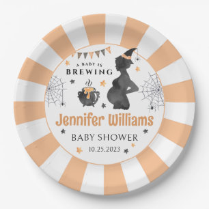 Black orange Halloween baby is brewing baby shower Paper Plates
