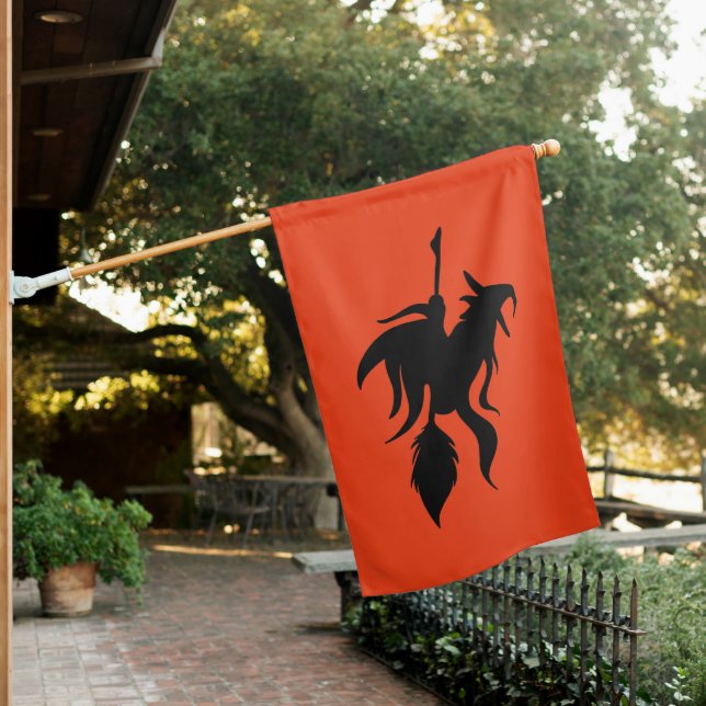 Black Orange Halloween Funny Witch Flying Holiday House Flag (In SItu)