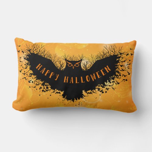 Black  Orange Halloween Owl Lumbar Pillow