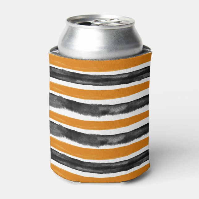 Black & Orange Halloween Watercolor Stripes Fun Can Cooler (Can Front)