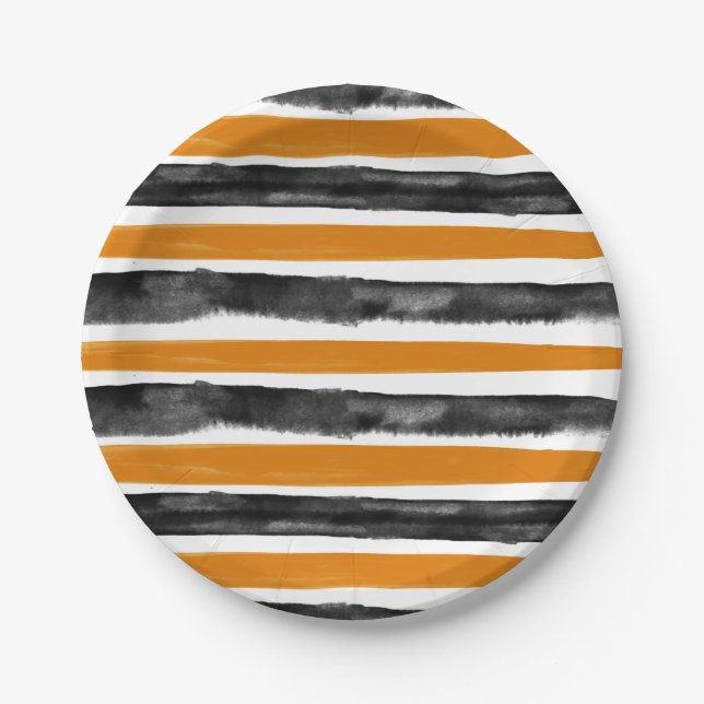 Black & Orange Halloween Watercolor Stripes Paper Plates (Front)