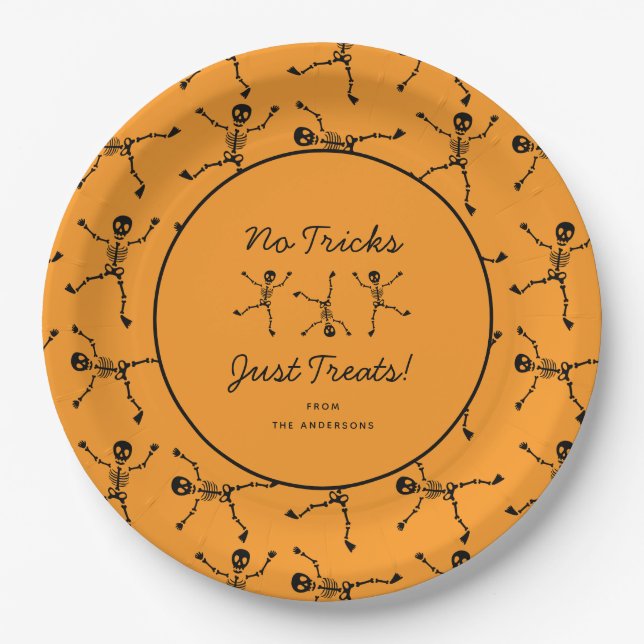 Black & Orange Hand Drawn Skeleton Halloween  Paper Plates (Front)