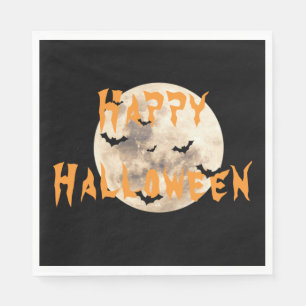 Black Orange Happy Halloween Moon Bats Napkins