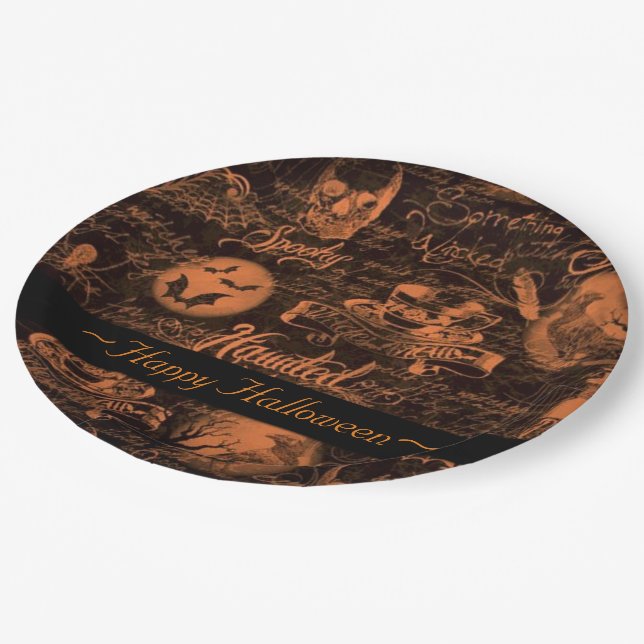 Black & Orange Haunted Halloween Paper Plates (Angled)