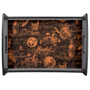 Black & Orange Haunted Halloween Serving Tray