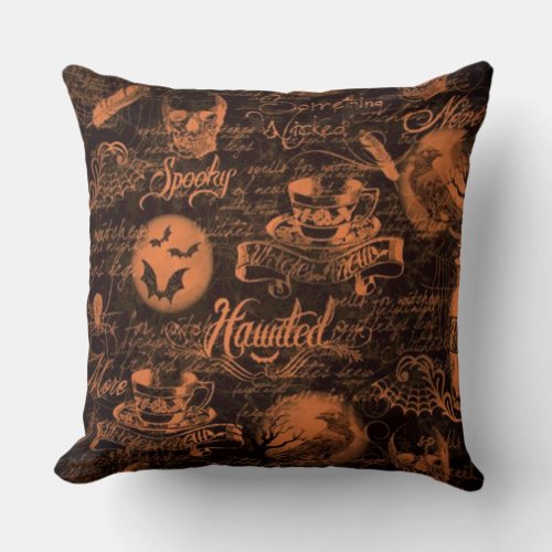 Black  Orange Haunted Halloween Throw Pillow