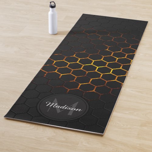 Black orange honeycomb geometry pattern Monogram Yoga Mat