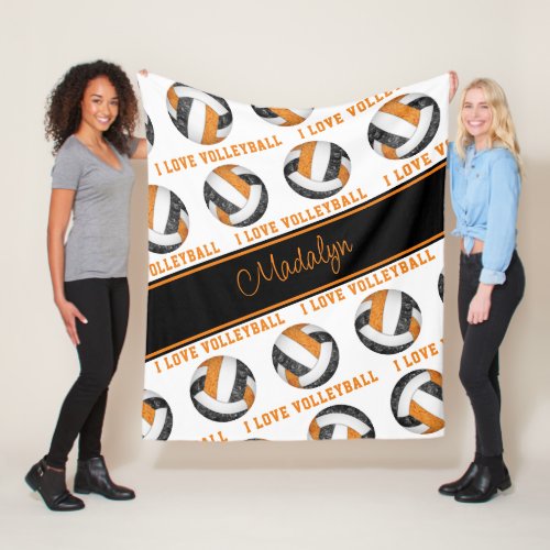 black orange I love volleyball text pattern Fleece Blanket