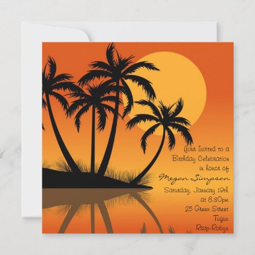 Black  Orange Island Palm Tree Birthday Invite