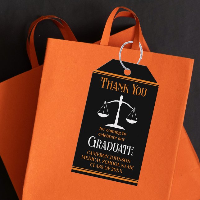 Black Orange Law School Custom Graduation Party Gift Tags (Creator Uploaded)