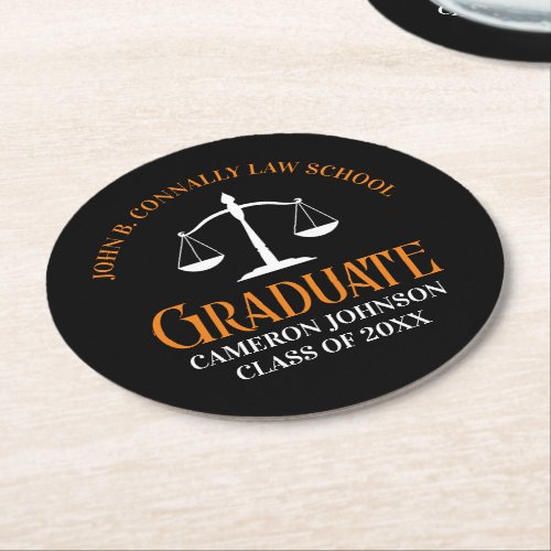 Black Orange Law School Custom Graduation Party Round Paper Coaster
