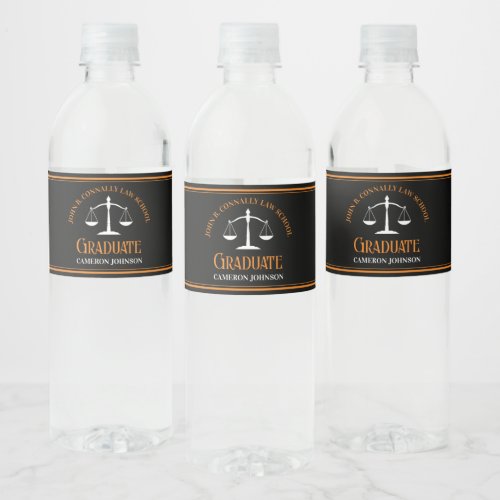 Black Orange Law School Custom Graduation Party Water Bottle Label